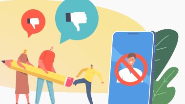 Social Media Censorship Tiny Characters Erasing Person at Huge Smartphone with Image of banned account