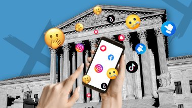 Person holding a phone in front of the Supreme Court building with emojis flying through the air