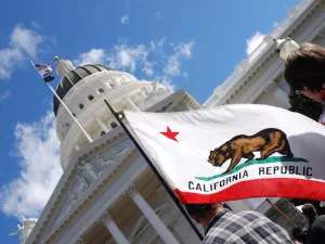 Labor union supporter carries California state flag at the California State Capitol during a political rally.