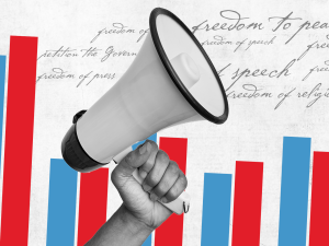 Hand holding megaphone over graphic of red and blue bar graph lines