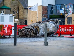 Aftermath of protests and riot in the city centre of Sunderland on the evening of 2nd August 2024. Car vandalised and set on fire.