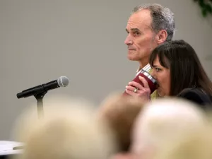 Former UW-La Crosse Chancellor Joe Gow and wife Carmen Wilson attend a disciplinary hearing at the University of Wisconsin-La Crosse