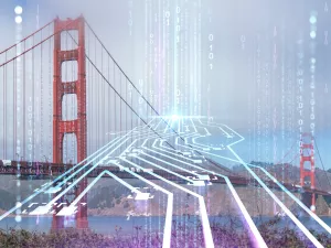 Golden Gate Bridge from South side San Francisco California Artificial Intelligence concept