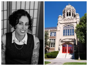 Collage of head portrait of professor Maura Finkelstein and Muhlenberg College campus