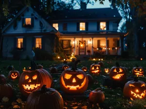 Pumpkins with carved faces arranged in front of a house at night