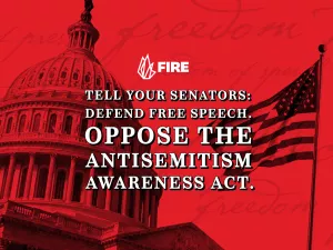 The Capitol Building in red with the words: "Tell your senators: Defend free speech. Oppose the antisemitism awareness act."