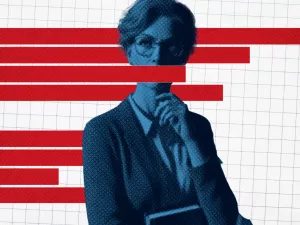 A college professor in the foreground with horizontal red bar graphs in the background, except for one which covers the mouth of the professor, indicating censorship.