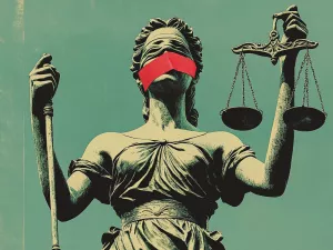 Statue of justice holding scales with red tape over her mouth