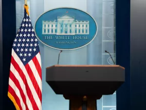 The White House press room and podium with the American flag