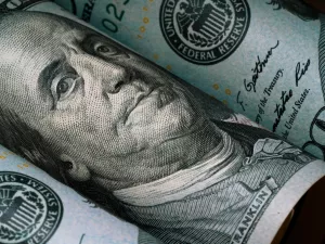 Closeup of Benjamin Franklin face on $100 bill