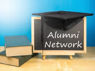 alumni network written on black chalkboard