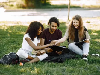 Students sitting together on grass