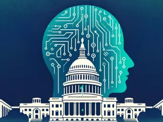 Illustration of the US Capitol building with the profile of a human head behind it with microchip circuits