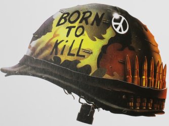 Original official Full metal jacket Stanley Kubrick film poster detail with born to kill helmet