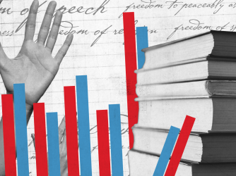 Image of bar graphs, school books, and a student raising a hand.