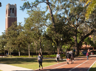 Students walking around in the Plaza of the Americas at the University of Florida