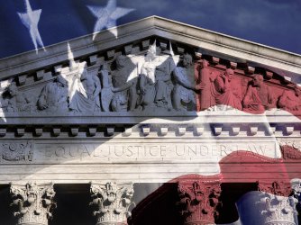 Digital composite of the Supreme Court Building and American flag
