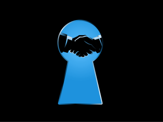 Two men shaking hands through a keyhole