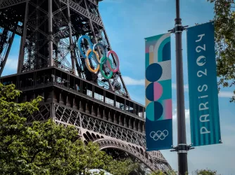 The Olympic Rings installed on the Eiffel Tower ahead of the Paris 2024 Olympic Games 