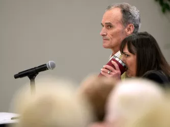 Former UW-La Crosse Chancellor Joe Gow and wife Carmen Wilson attend a disciplinary hearing at the University of Wisconsin-La Crosse