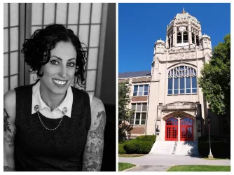 Collage of head portrait of professor Maura Finkelstein and Muhlenberg College campus