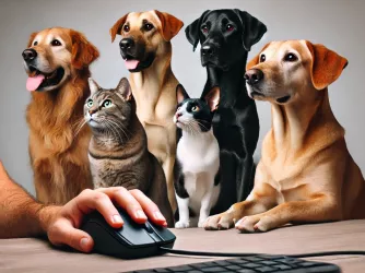 Person on a computer while dogs and cats look on attentively