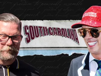 Former Breitbart editor Milo Yiannopoulos and Proud Boys co-founder Gavin McInnes in front of a University of South Carolina sign.