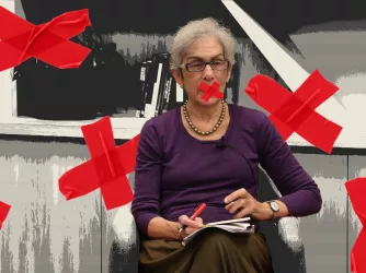 Penn professor Amy Wax with red tape over her mouth