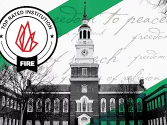 Baker Memorial Library at Dartmouth College with green stripes in the background, indicating the school has received a "Green Light" speech code rating from FIRE.