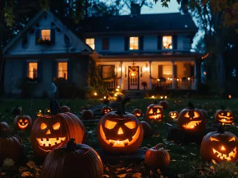 Pumpkins with carved faces arranged in front of a house at night