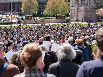 Students and faculty rally as Pro-Palestinian supporters set up a protest encampment on the campus of Columbia University on April 22, 2024 