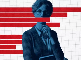 A college professor in the foreground with horizontal red bar graphs in the background, except for one which covers the mouth of the professor, indicating censorship.