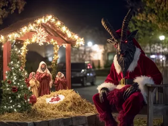 Baphomet dressed as Santa next to a nativity display with baby jesus and the 3 wise men