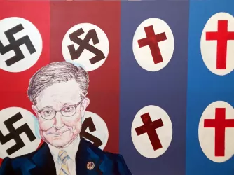 Joel Gibbs' painting 'Evolution' showing Tennessee state House Speaker Mike Johnson in front of swastikas that morph into the Christian cross