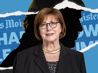 Iowa pollster Ann Selzer with a Des Moines Register headline and Donald Trump silhouette in the background