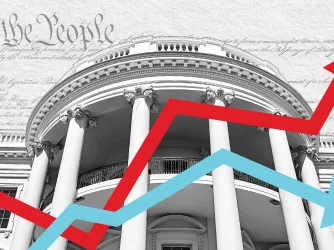 Black and white image of the White House with red and blue line graphs in front