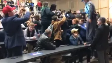 Protestors interrupt Art Laffer during his speech at Binghamton University.