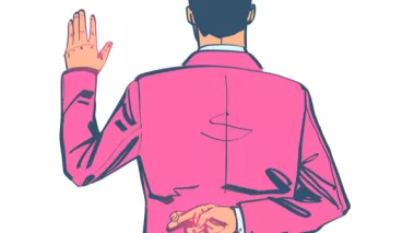 A man in a suit taking an oath with his fingers crossed behind his back