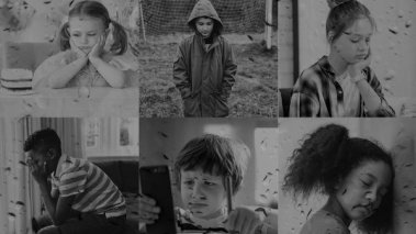 collage of sad children in the rain