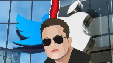 Elon Musk between the headquarters of Apple and Twitter