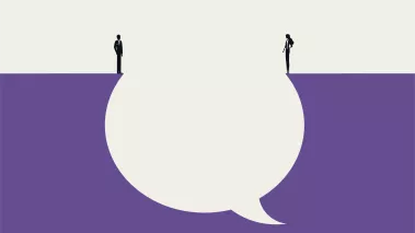 Two silhouette figures stand on opposite sides of a gulf in the shape of a comment bubble