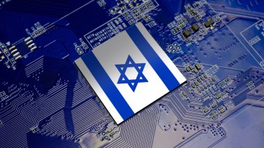 Flag of Israel on CPU operating chipset computer electronic circuit board 