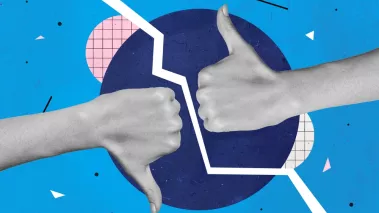 Collage 3d image of pinup pop retro sketch image of arm showing thumb up another thumb down isolated blue painting background