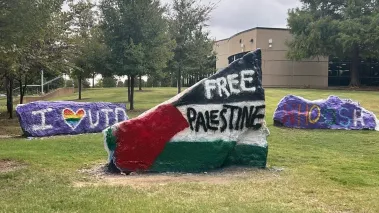 "FREE PALESTINE" written on UT Dallas Spirit Rocks