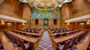 Fisheye perspective of the House of Representatives Chamber of the Indiana State Capitol building 