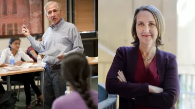 Stanford President Richard Saller teaching a class (left) and Provost Jennifer Martinez