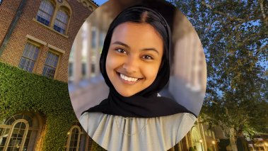 Photo of USC Class of 2024 Valedictorian Asna Tabassum cropped on a campus photo