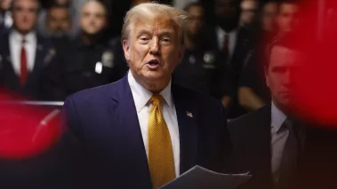 Former U.S. President Donald Trump gives end of the day remarks after exiting the courtroom during his hush money trial at Manhattan Criminal Court on May 14, 2024 in New York City. 