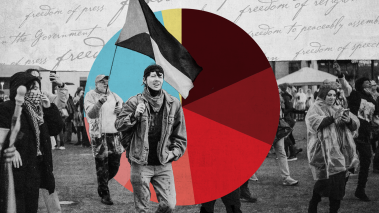Black and white image of a protest on a college campus with colored pie graph in the foreground