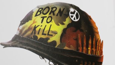 Original official Full metal jacket Stanley Kubrick film poster detail with born to kill helmet